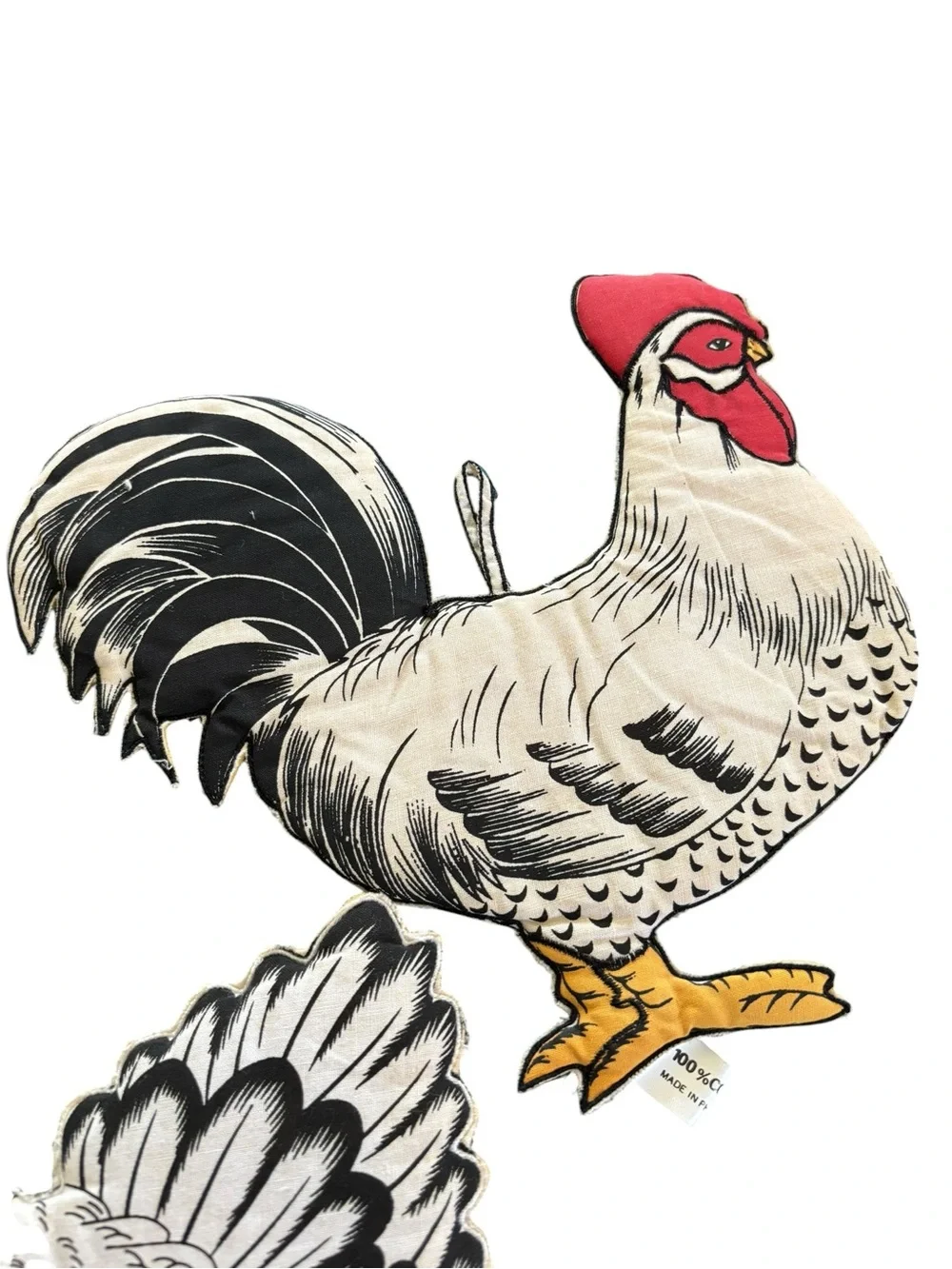 Set 2 Vintage Puffy Potholders Rooster $ Chicken Farmhouse Kitchen Decor Loops